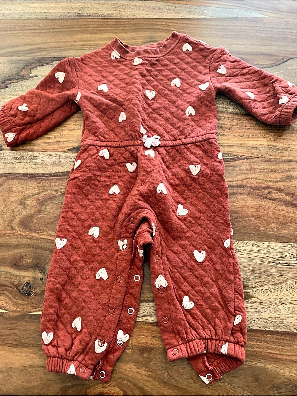 (2)Heart Print Quilted One-Piece and 1 holiday outfit Baby 18M